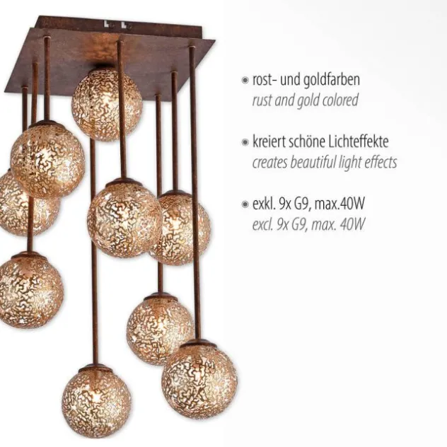 Deckenleuchte, braun-gold, Landhaus-Stil, 9 Spots, lichtdurchlässig, rost