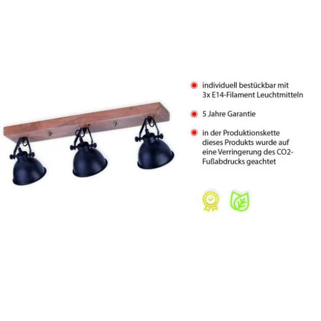 Deckenleuchte, schwarz, 3-flg, Retro-Optik, Vintage Stil, Holzbalken