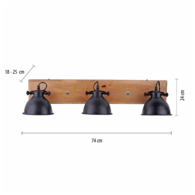 Deckenleuchte, schwarz, 3-flg, Retro-Optik, Vintage Stil, Holzbalken