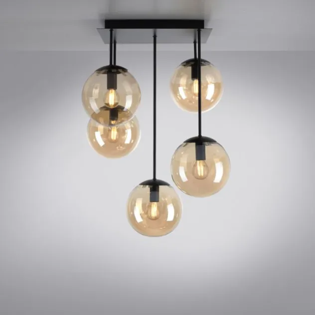 Deckenleuchte, schwarz, Glaskugeln, schlichtes Design, 5-flam.