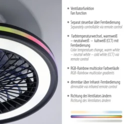 Deckenventilator, Deckenleuchte schwarz, Drehrichtungswechsel mit Rainbow RGB