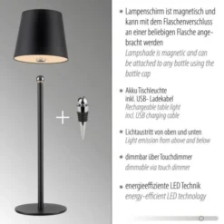 Flaschenleuchte, Akku, mit zusätzlichem Fuß, schwarz