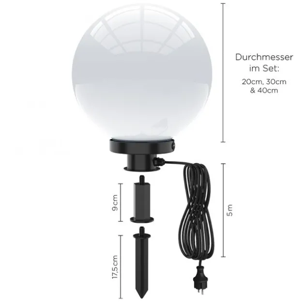Kugelleuchten, 3er-Set, Ø 20, 30 und 40cm, weiß, IP44, 5m Zuleitung, E27