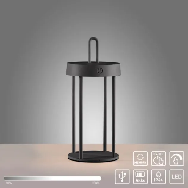 LED Akkulampe Tischleuchte schwarz 28cm Touchdimmer IP44 Gartenleuchte
