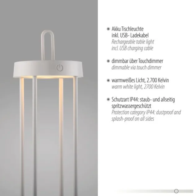 LED Akkulampe Tischleuchte weiß 50cm Touchdimmer IP44 Gartenleuchte