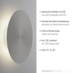 LED Akkuleuchte AKKU 25cm grau Timerfunktion USB dimmbar