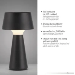 LED Akkuleuchte Tischleuchte schwarz Touchdimmer IP54 USB Innen-Außenbereich