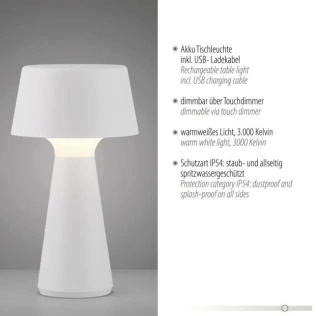 LED Akkuleuchte Tischleuchte weiß Touchdimmer IP54 USB Innen-Außenbereich
