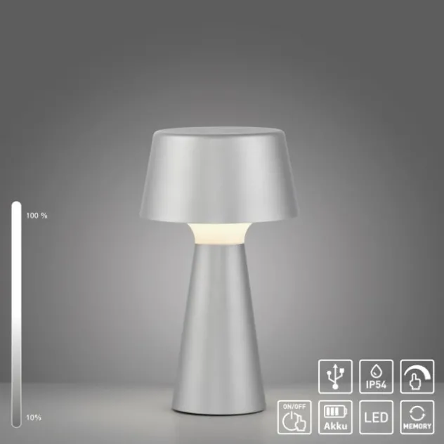LED Akkuleuchte Tischleuchte silber Touchdimmer IP54 USB Innen-Außenbereich
