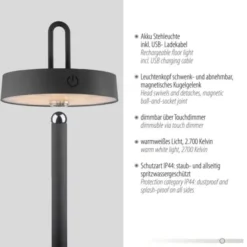 LED Akku Stehlampe schwarz dimmbar per Touch IP44 Memoryfunktion
