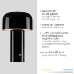 LED Akku Tischleuchte schwarz Pilzform dimmbar per Touch USB