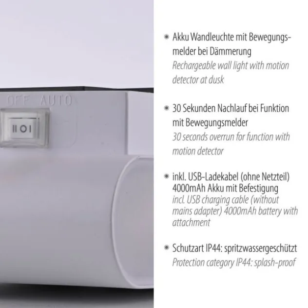 LED Akku Wandleuchte AKKU-ZIDDY, weiss, IP44, aufladbar, Bewegungsmelder