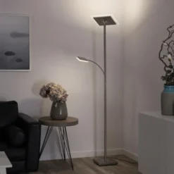 LED Deckenfluter, Leseleuchte, Fernbedienung, dimmbar, stahlfarben