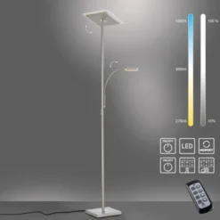 LED Deckenfluter, Leseleuchte, Fernbedienung, dimmbar, stahlfarben