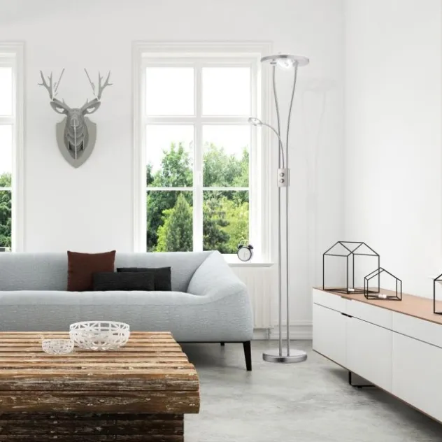 LED-Deckenfluter, stahlfarben, Leseleuchte, dimmbar, warmweißes Licht