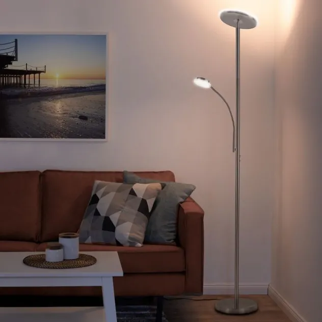 LED-Deckenfluter, stahlfarben, flexibler Lesearm, dimmbar, modern, Büro