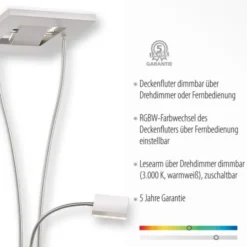 LED-Deckenfluter, stahlfarben, mit Leseleuchte, dimmbar, modern, design