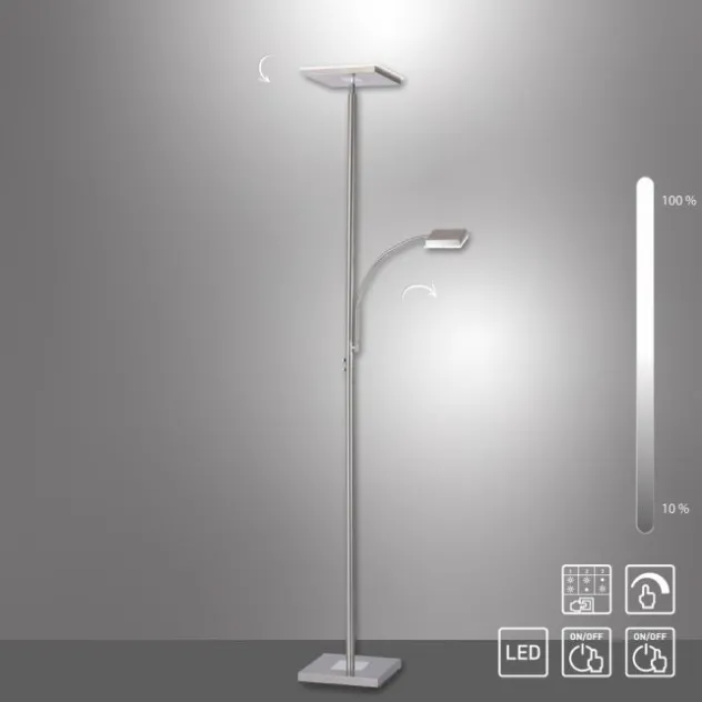LED-Deckenfluter, stahlfarben, flexibler Lesearm, warmweiß, Touchschalter