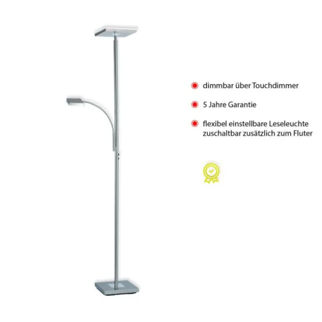 LED-Deckenfluter, stahlfarben, flexibler Lesearm, warmweiß, Touchschalter