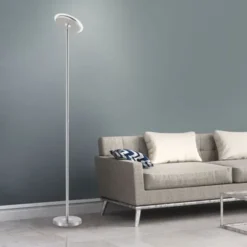 LED-Deckenfluter, stahlfarben, rund, warmweißer Lichtfarbe, Touchdimmer