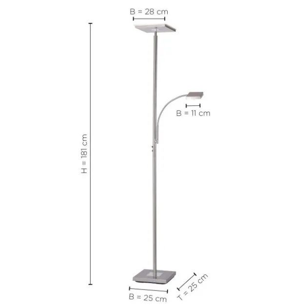 LED-Deckenfluter, stahlfarbig, dimmbar, Touchdimmer, Leselampe