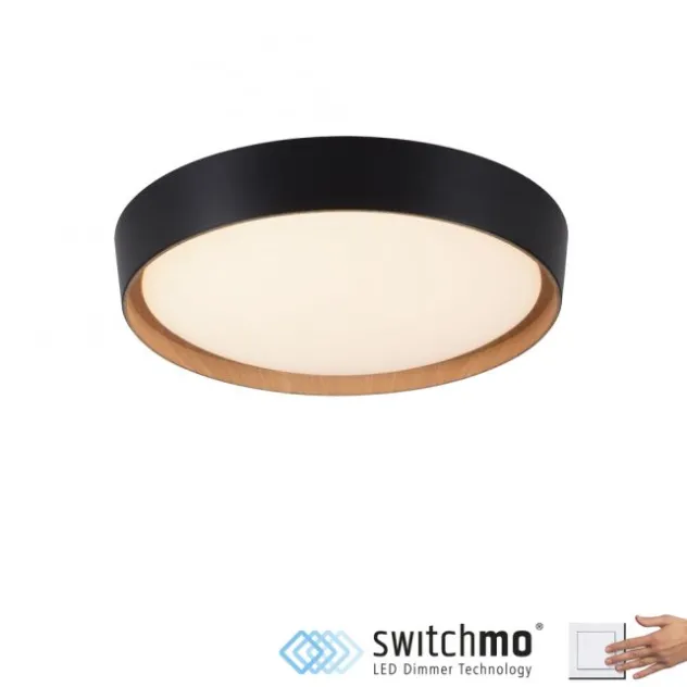 LED Deckenlampe Holzoptik matt schwarz rund dimmbar Wandschalter