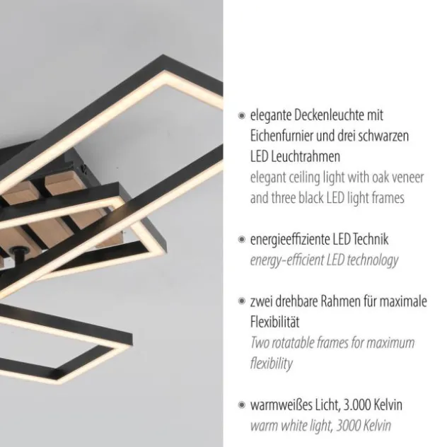 LED Deckenleuchte AKUSTIKA, Holz-natur, modern, schwarz, drehbar