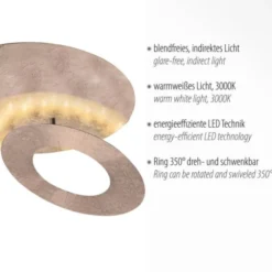 LED-Deckenleuchte, Blattgoldoptik, drehbarer Leuchtring, indirektes Licht