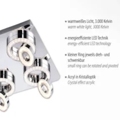 LED-Deckenleuchte, Chrom, 4-flg, schwenkbar, modern, warmweiß