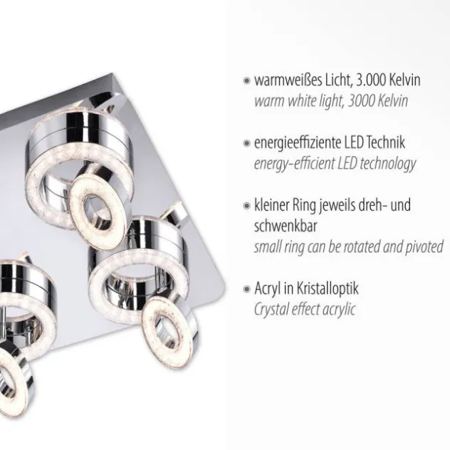 LED-Deckenleuchte, Chrom, 4-flg, schwenkbar, modern, warmweiß