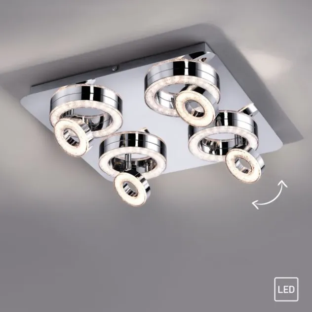 LED-Deckenleuchte, Chrom, 4-flg, schwenkbar, modern, warmweiß
