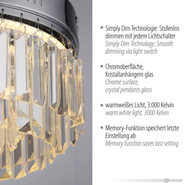 LED Deckenleuchte chrom Kristallanhänger dimmbar Memoryfunktion