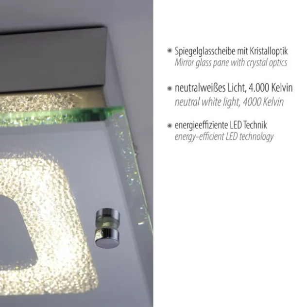 LED Deckenleuchte, chrom, Spiegelglasscheibe, Kristalloptik, modern, eckig