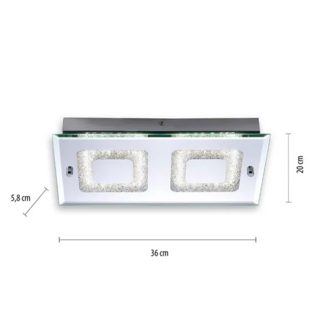 LED Deckenleuchte, 2-flammig, chrom, Glas, Kristalloptik, rechteckig