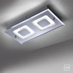 LED Deckenleuchte, 2-flammig, chrom, Glas, Kristalloptik, rechteckig