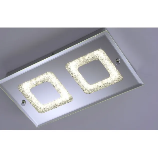 LED Deckenleuchte, 2-flammig, chrom, Glas, Kristalloptik, rechteckig