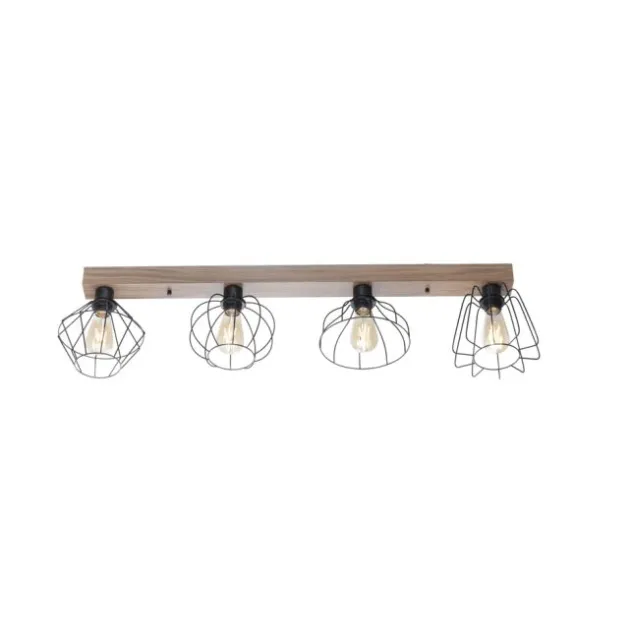 LED Deckenleuchte 4 flammig Holzdekor schwarze Metallschirme rustikal