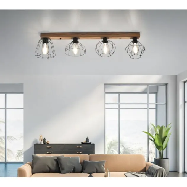 LED Deckenleuchte 4 flammig Holzdekor schwarze Metallschirme rustikal
