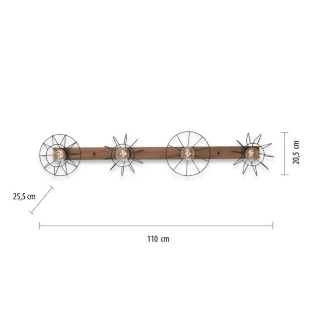 LED Deckenleuchte 4 flammig Holzdekor schwarze Metallschirme rustikal