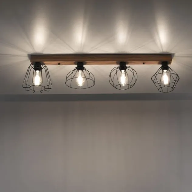 LED Deckenleuchte 4 flammig Holzdekor schwarze Metallschirme rustikal
