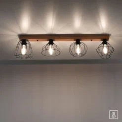LED Deckenleuchte 4 flammig Holzdekor schwarze Metallschirme rustikal