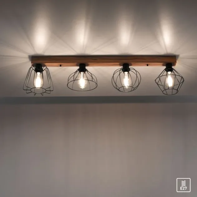 LED Deckenleuchte 4 flammig Holzdekor schwarze Metallschirme rustikal