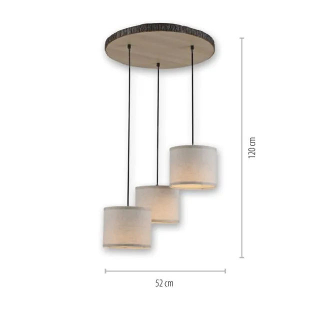 LED-Deckenleuchte, 3-flammig, Holz, Stoffschirme, 3xE27
