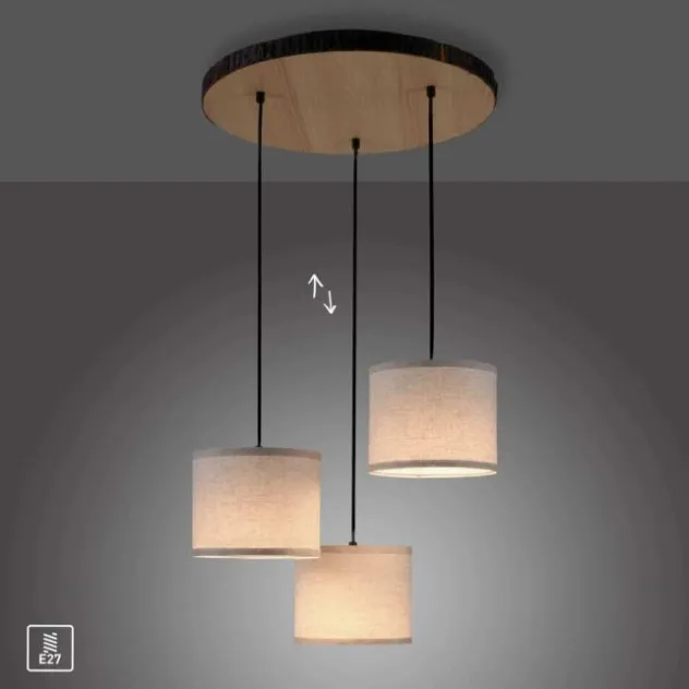 LED-Deckenleuchte, 3-flammig, Holz, Stoffschirme, 3xE27