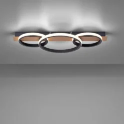 LED Deckenleuchte, Holzdekor, 3 Ringe, schwarz, modern