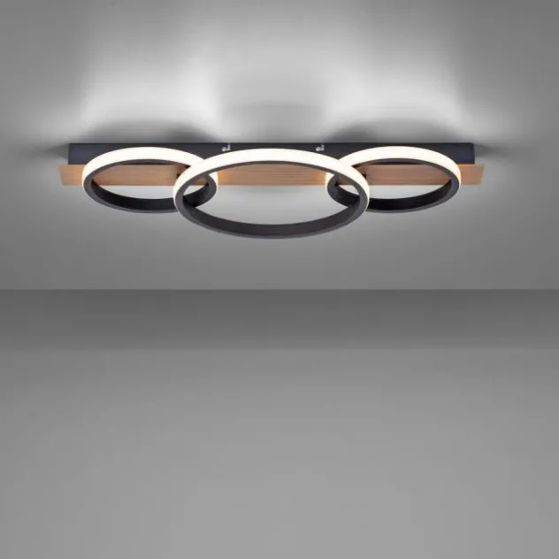 LED Deckenleuchte, Holzdekor, 3 Ringe, schwarz, modern