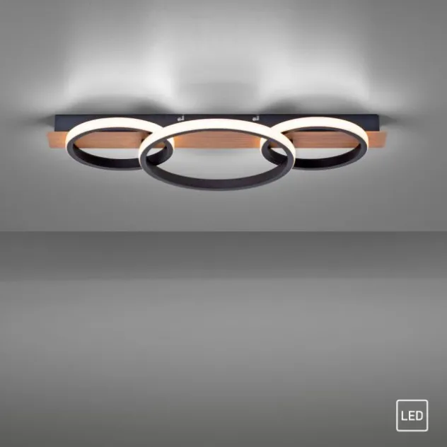 LED Deckenleuchte, Holzdekor, 3 Ringe, schwarz, modern