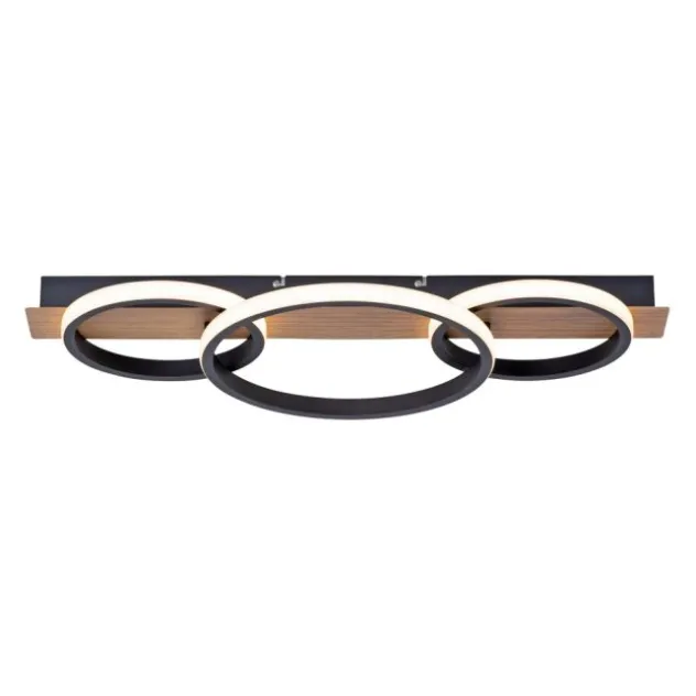 LED Deckenleuchte, Holzdekor, 3 Ringe, schwarz, modern