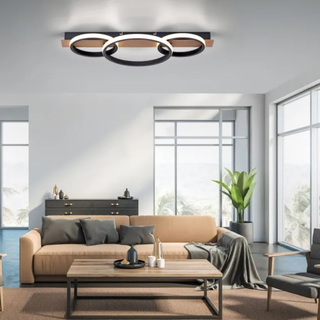 LED Deckenleuchte, Holzdekor, 3 Ringe, schwarz, modern