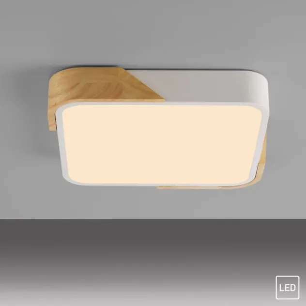 LED Deckenleuchte quadratisch weiß mit Holzdekor zeitloses Design